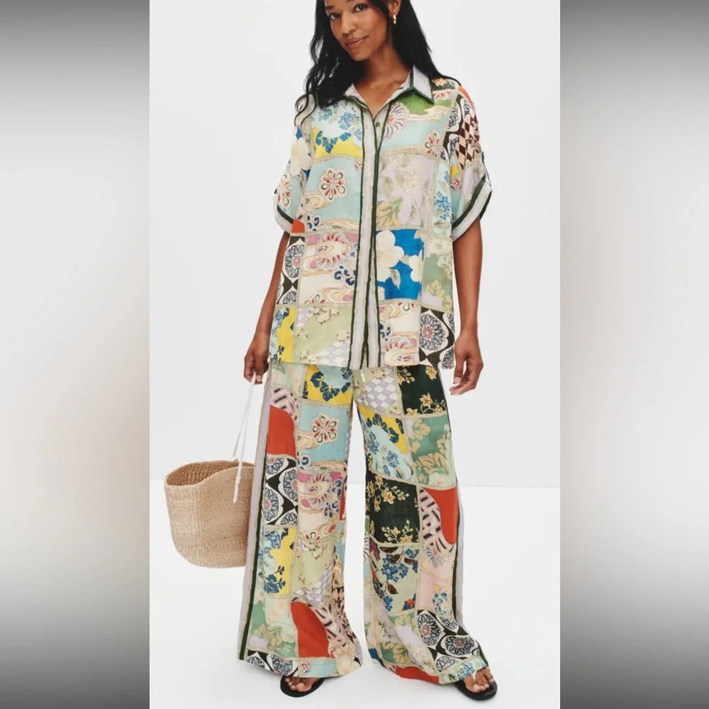 New 2025 ALEMAIS Bianca Patchwork Wide-Leg Pants and matching top set - Picture 1 of 13
